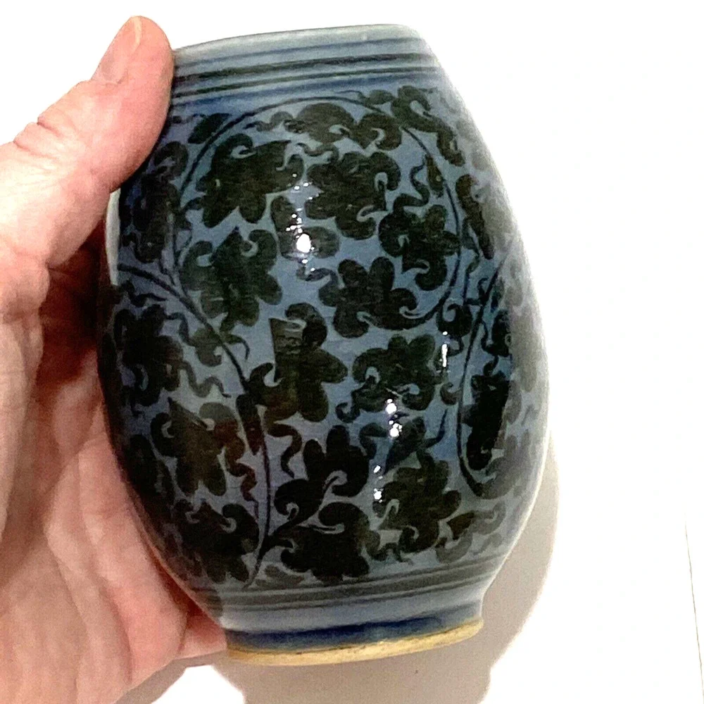 Vintage Art Pottery Mini or Bud Vase Handpainted Blue Brown Floral Glossy Signed